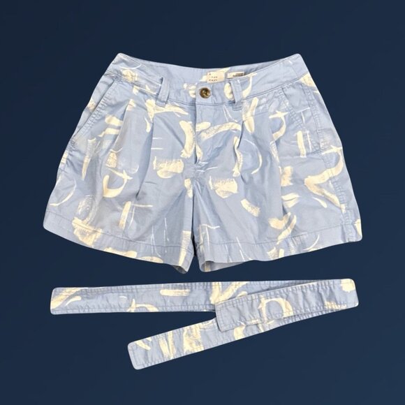 a new day Pants - Light Blue & White High-Rise Pleated Shorts with Tie Belt, Size 4, 2 Pockets, Co